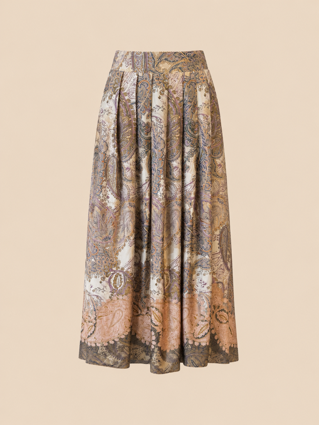 Paisley Print Midi Skirt - Elegant Pleated A-Line Skirt in Beige & Mauve