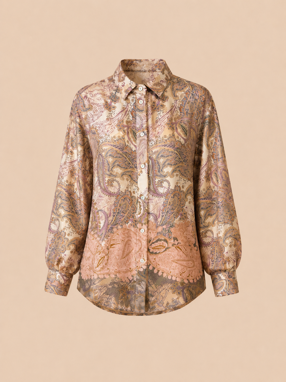 Paisley Button-Up Blouse - Elegant Long Sleeve Shirt in Blush Beige