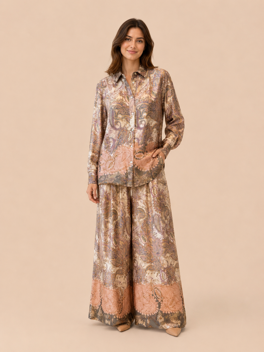 Paisley Button-Up Blouse - Elegant Long Sleeve Shirt in Blush Beige