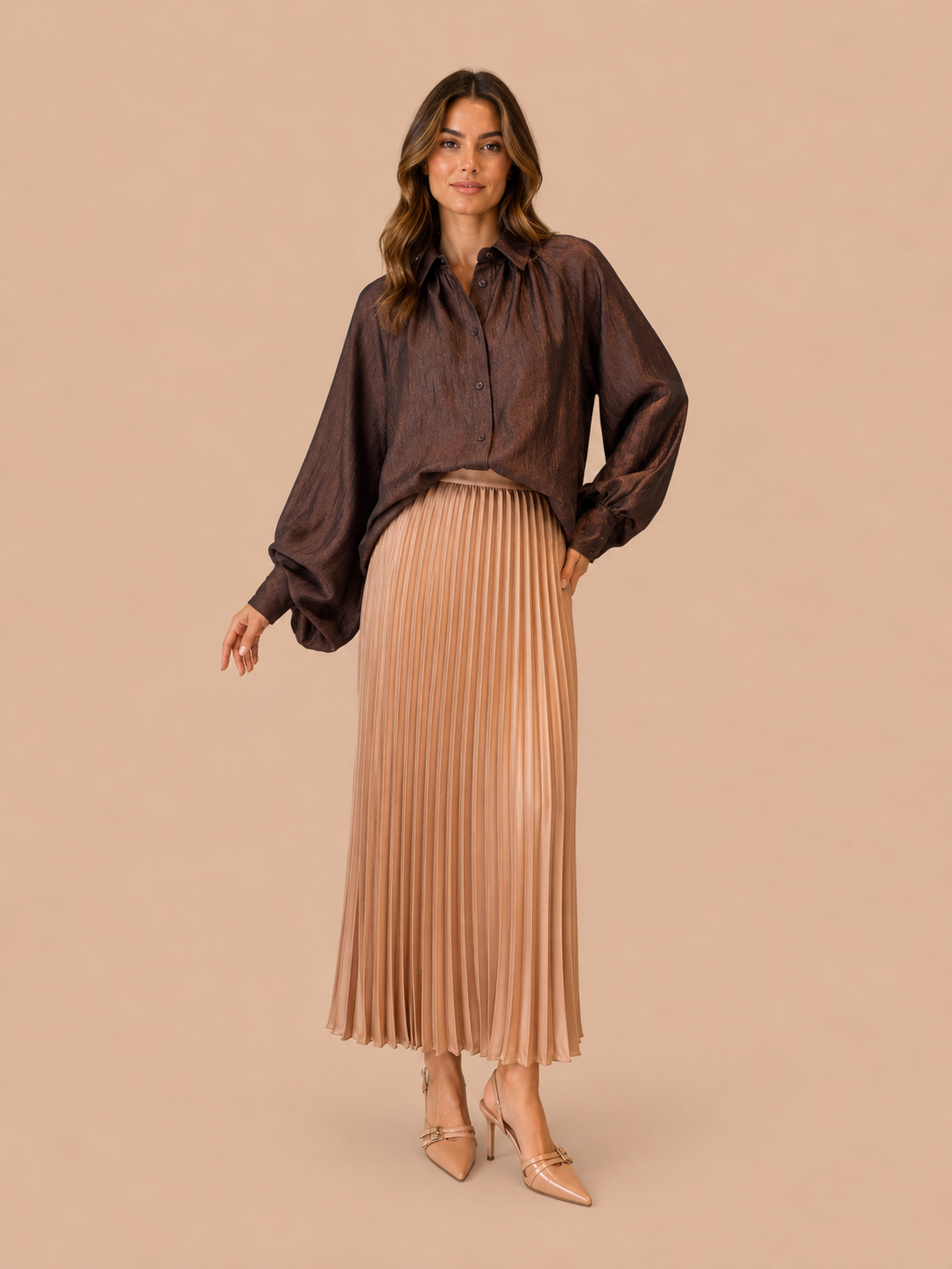 Brown Relaxed Fit Balloon Sleeve Blouse - Elegant Shimmer Button-Up Top