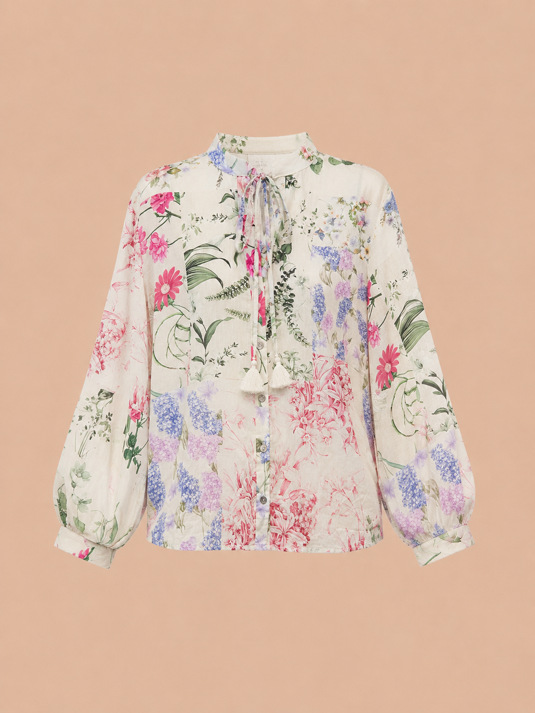 Floral Patchwork Tie-Neck Blouse - Romantic Balloon Sleeve Top