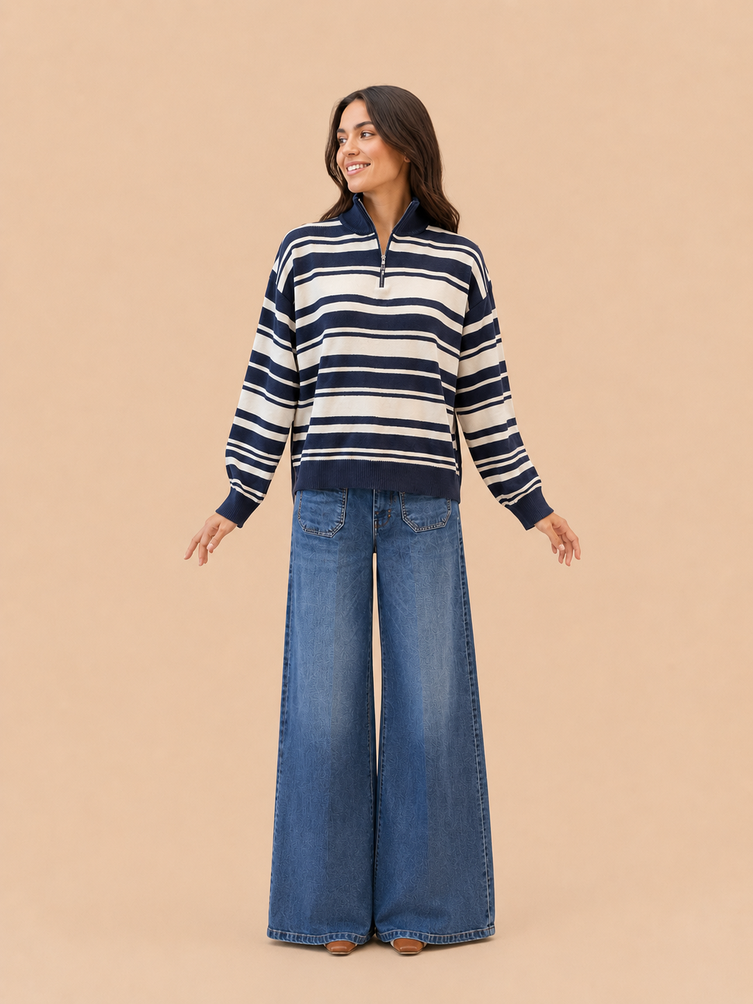 Navy & White Striped Half-Zip Cotton Knit Sweater - Relaxed Fit Women's Jumper