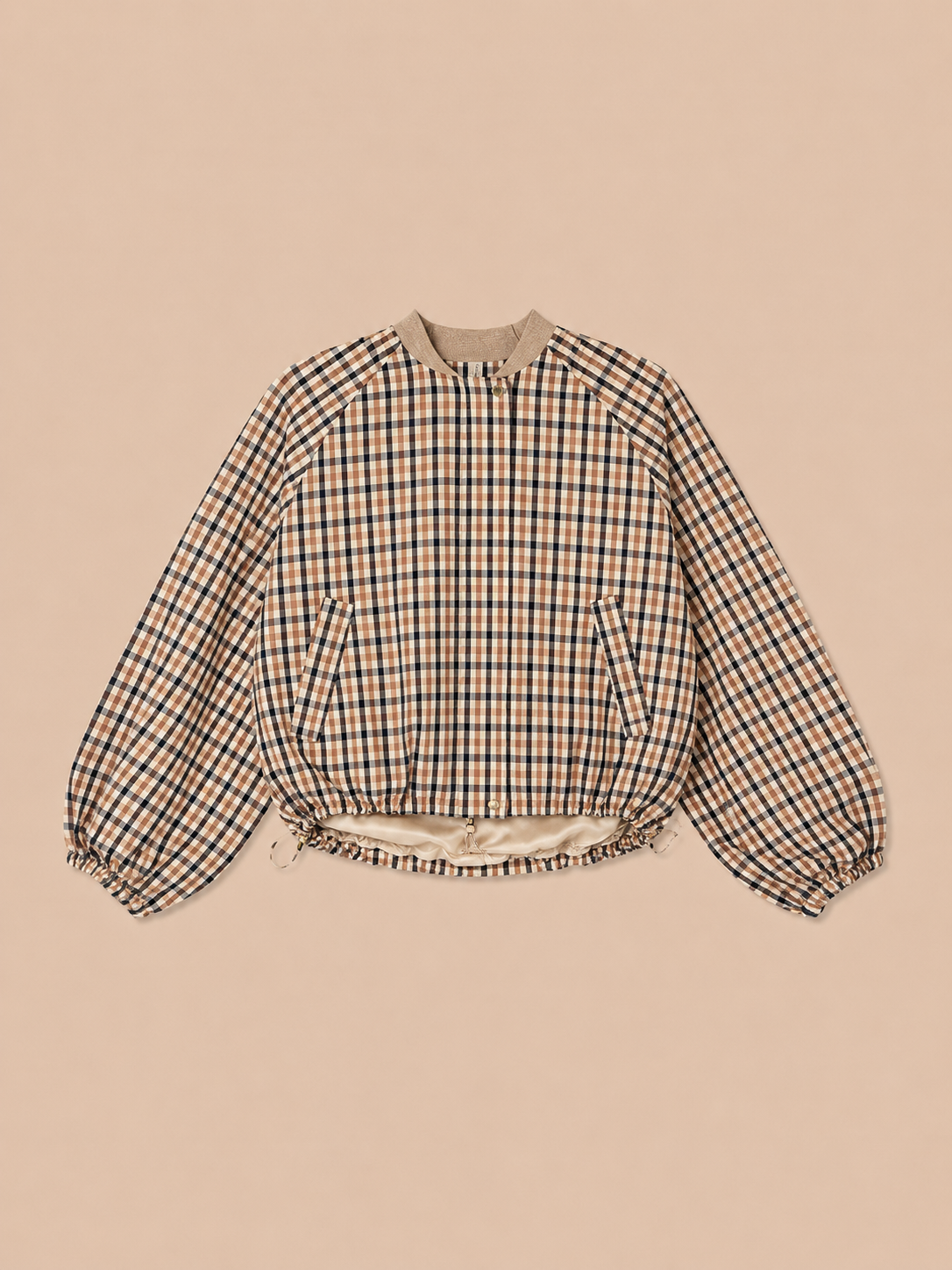 Women's Relaxed Fit Beige Check Bomber Jacket - Lightweight Balloon Sleeve Zip Jacket