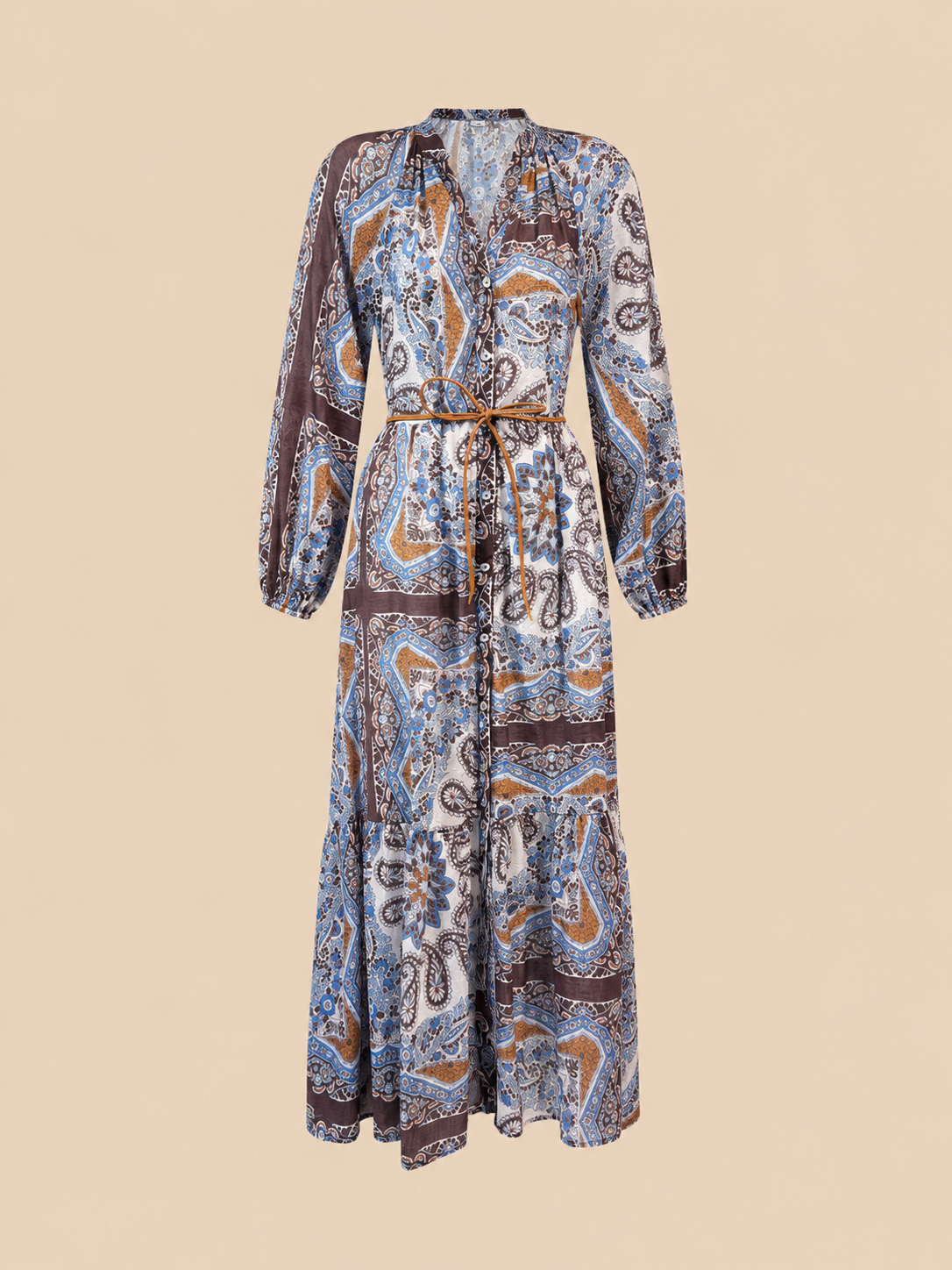 Bohemian Paisley Maxi Dress - Long Sleeve Belted Flowy Dress in Blue & Brown