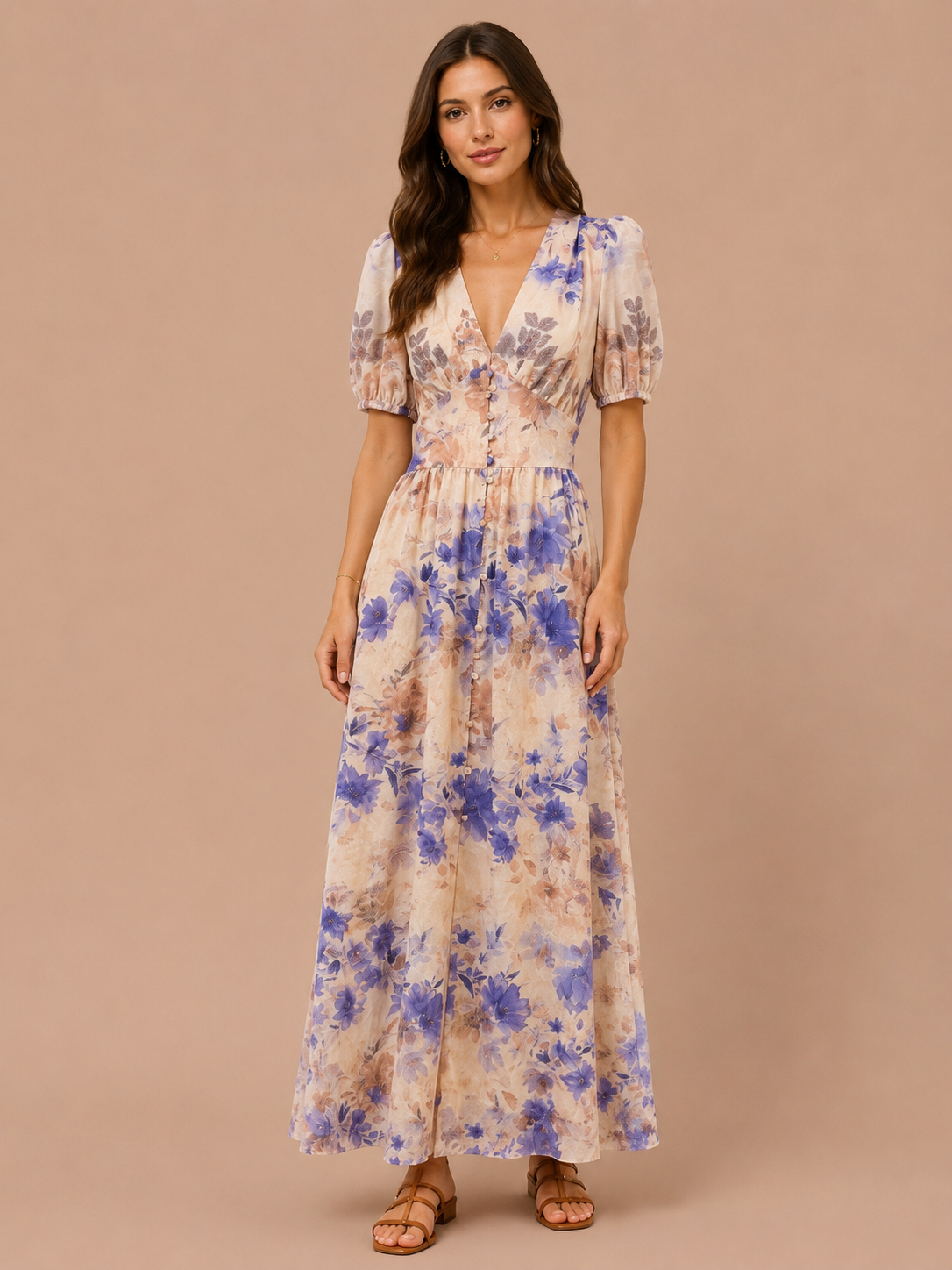 Blush Floral Maxi Dress - Romantic Puff Sleeve Button Front Dress
