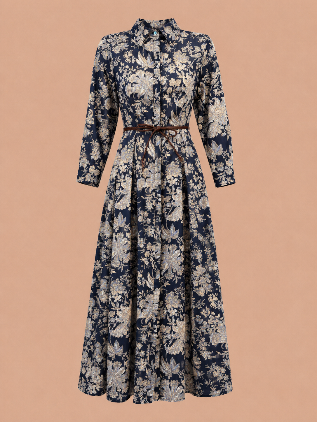 Midnight Navy Floral Maxi Shirt Dress With Belt - Long Sleeve Elegant Boho Dress