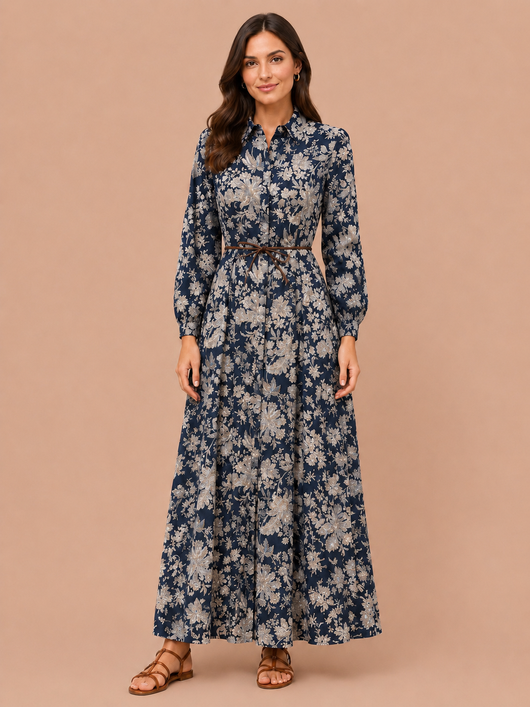 Midnight Navy Floral Maxi Shirt Dress With Belt - Long Sleeve Elegant Boho Dress