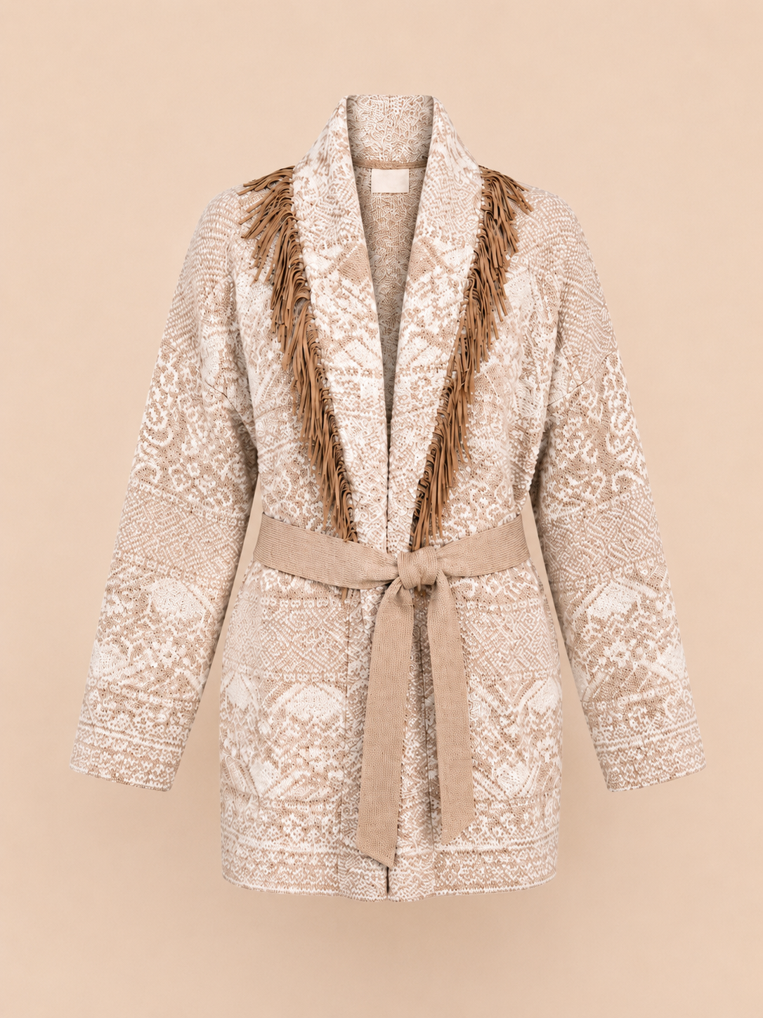 Boho Fringe Knit Oversized Cardigan Jacket - Beige Tribal Pattern Belted Cardigan