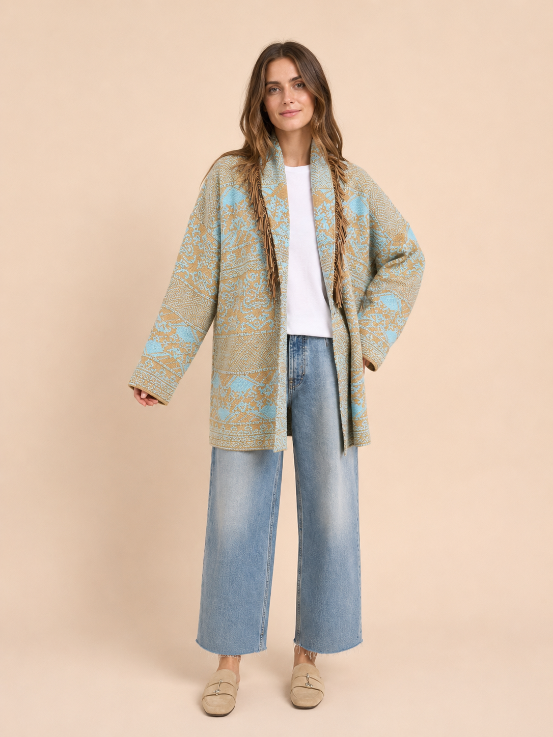 Boho Fringe Knit Oversized Cardigan Jacket - Sky Blue Tribal Pattern Belted Cardigan