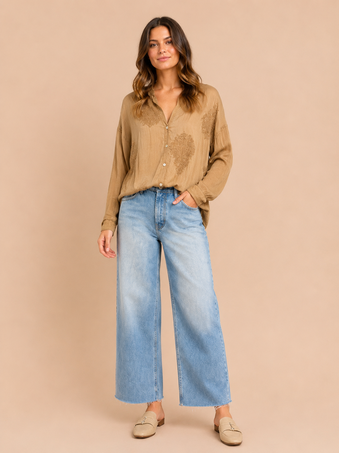 Camel Cotton Silk Embroidered Boho Blouse - Relaxed Fit Lightweight Button Shirt