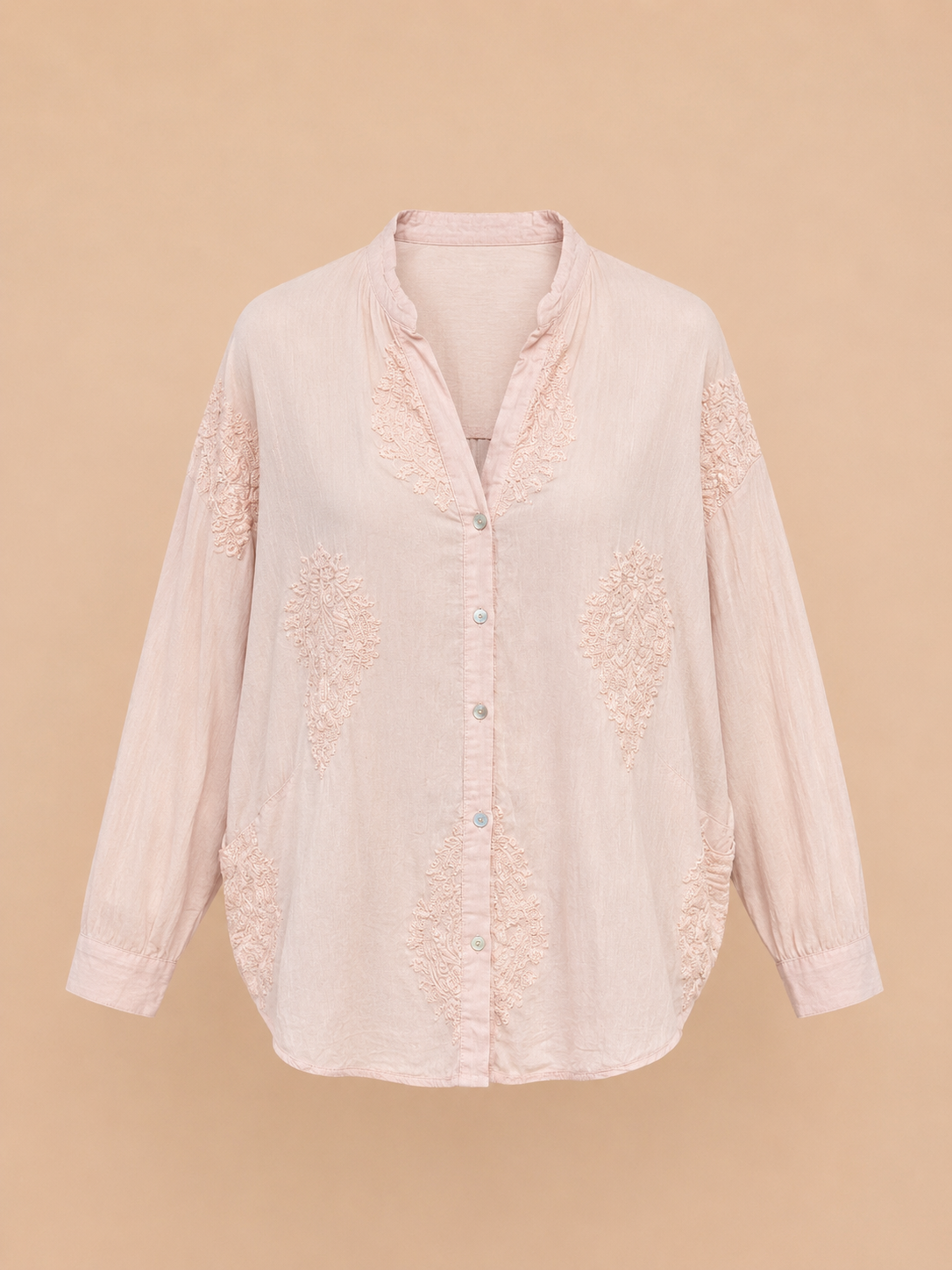 Pastel Pink Cotton Silk Embroidered Boho Blouse - Relaxed Fit Lightweight Button Shirt
