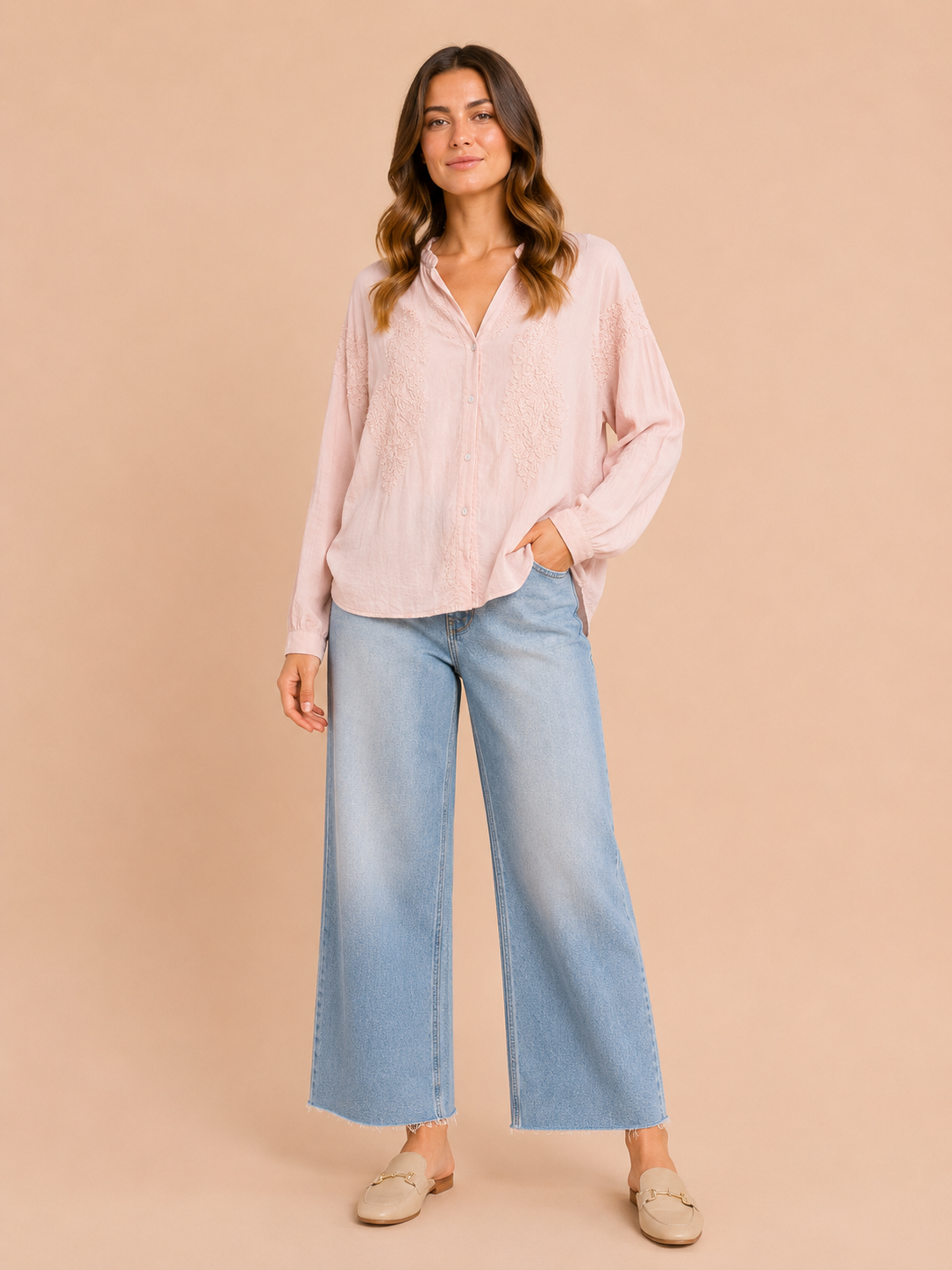 Pastel Pink Cotton Silk Embroidered Boho Blouse - Relaxed Fit Lightweight Button Shirt