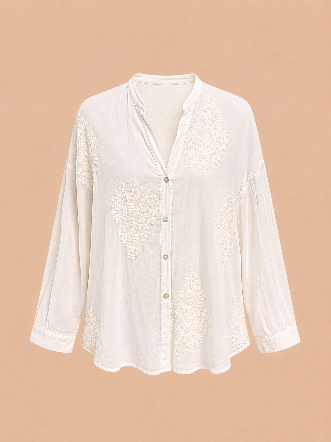 Ivory Cotton Silk Embroidered Boho Blouse - Relaxed Fit Lightweight Button Shirt