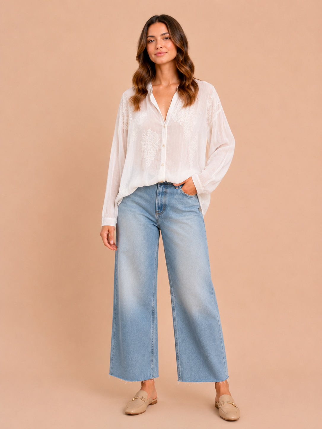 Ivory Cotton Silk Embroidered Boho Blouse - Relaxed Fit Lightweight Button Shirt