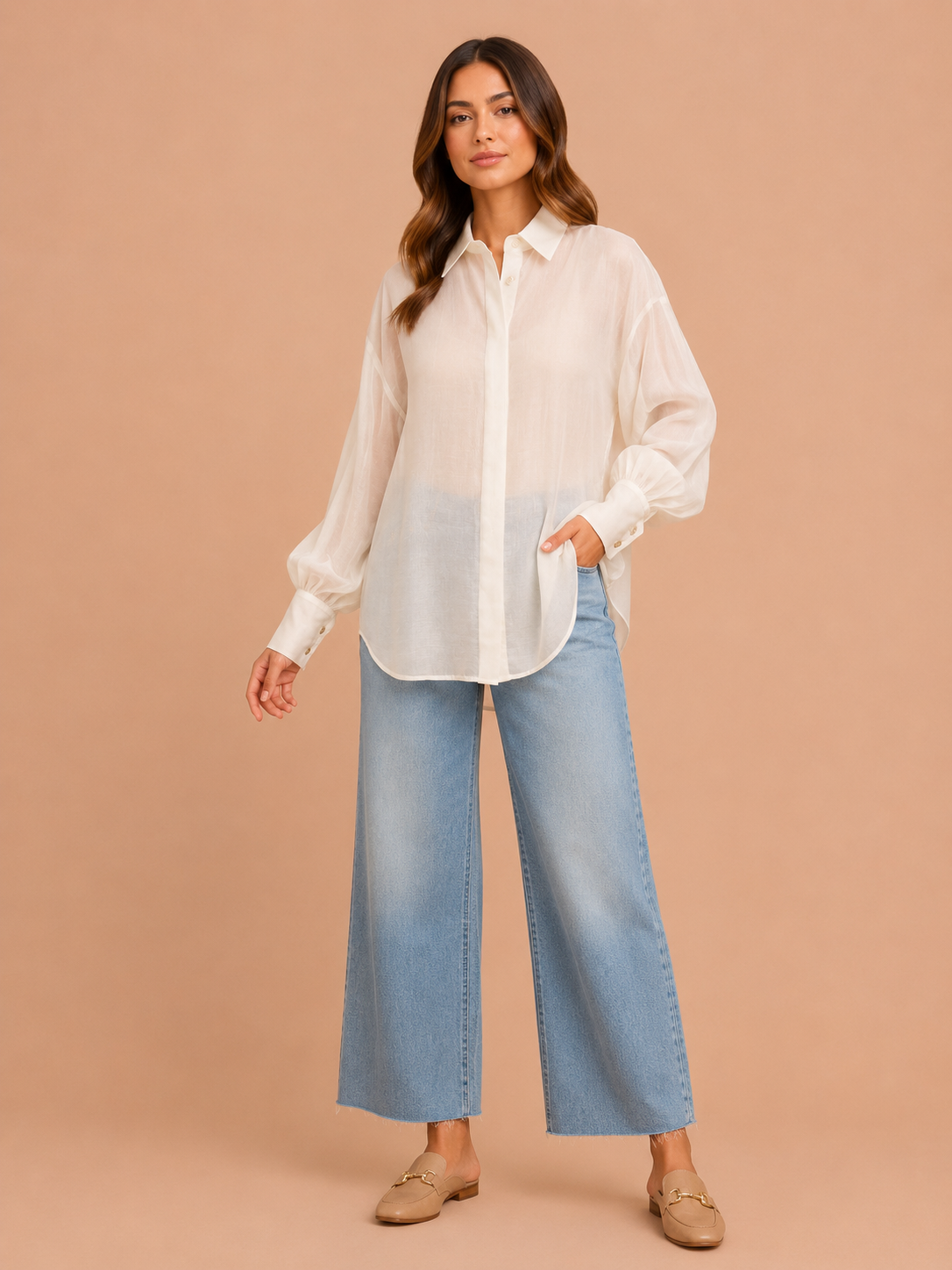 Ivory Sheer Oversized Button-Up Long Blouse - Lightweight Shirt