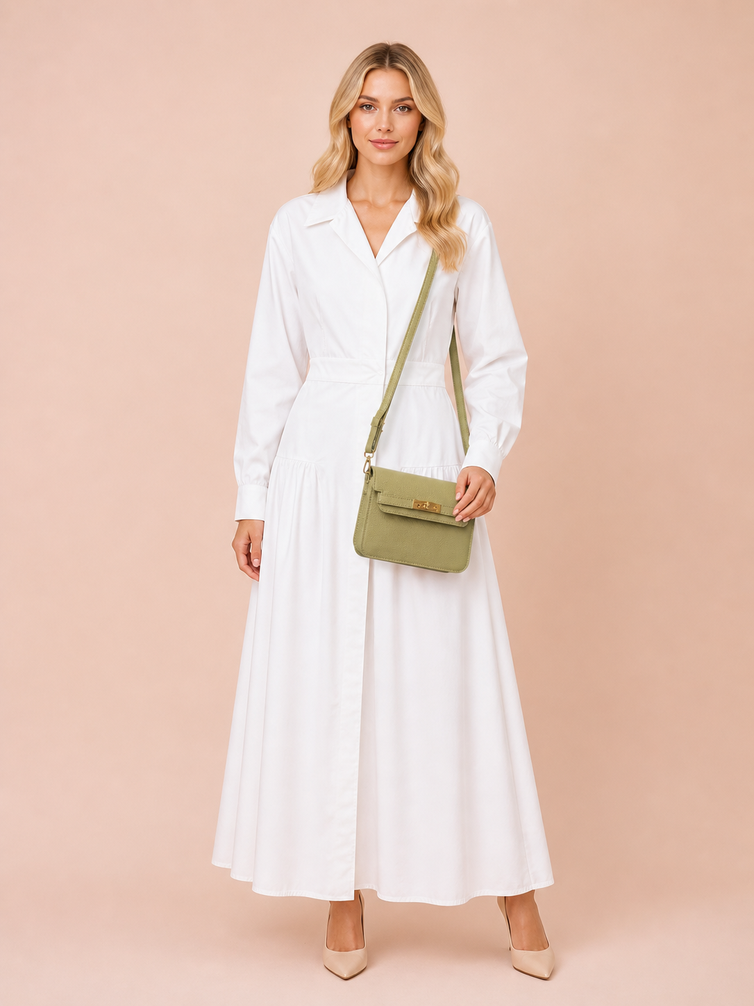 Pastel Olive Green Leather Crossbody Bag - Elegant Minimal Gold Lock Handbag
