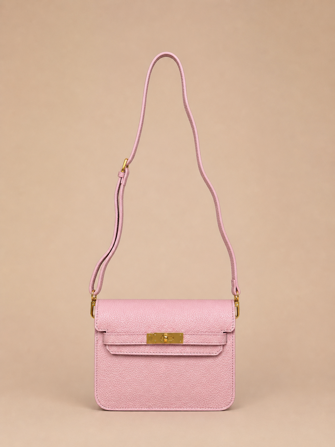 Pastel Pink Leather Crossbody Bag - Elegant Minimal Gold Lock Handbag