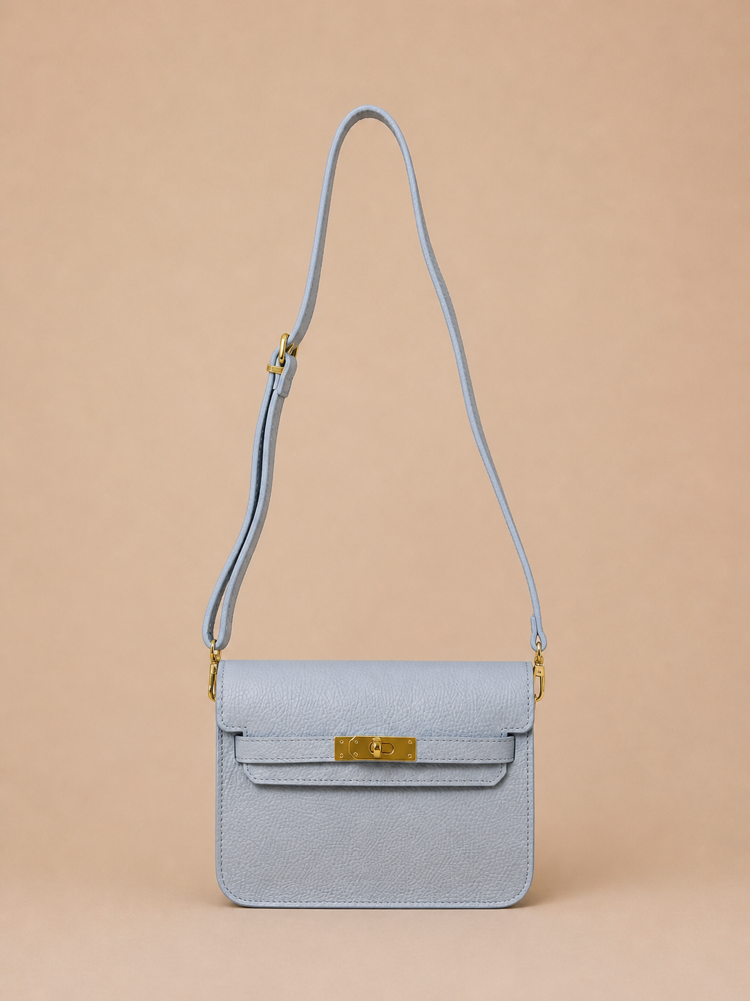 Pastel Blue Leather Crossbody Bag - Elegant Minimal Gold Lock Handbag