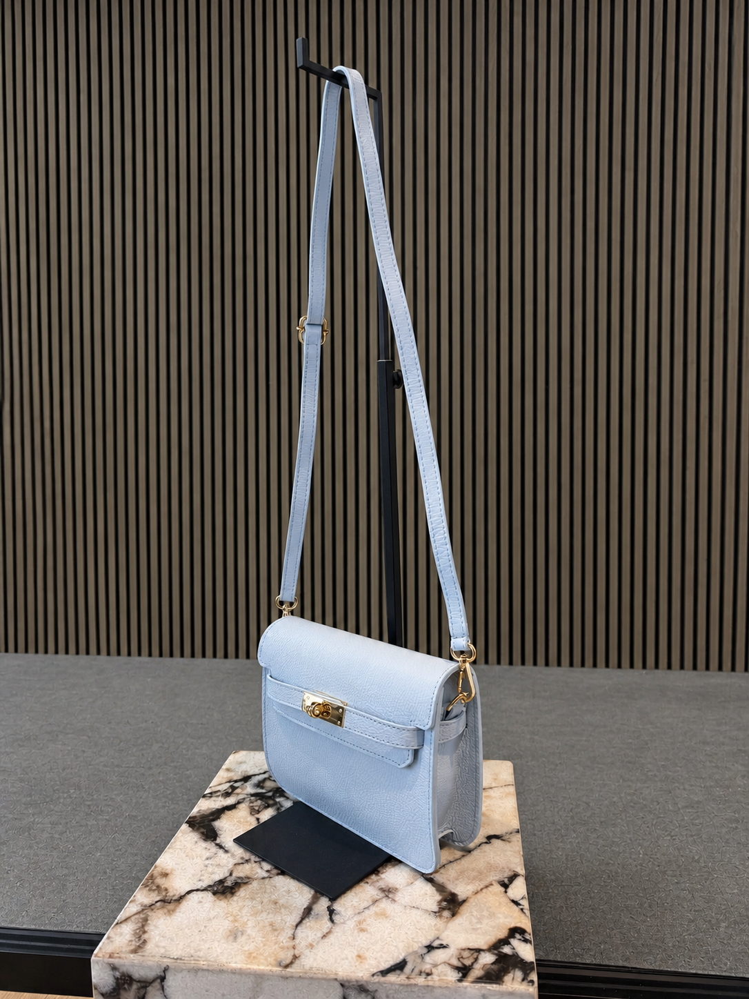 Pastel Blue Leather Crossbody Bag - Elegant Minimal Gold Lock Handbag