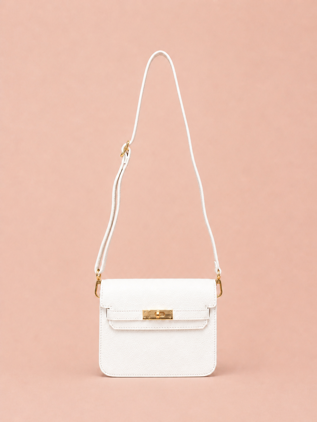 White Leather Crossbody Bag - Elegant Minimal Gold Lock Handbag