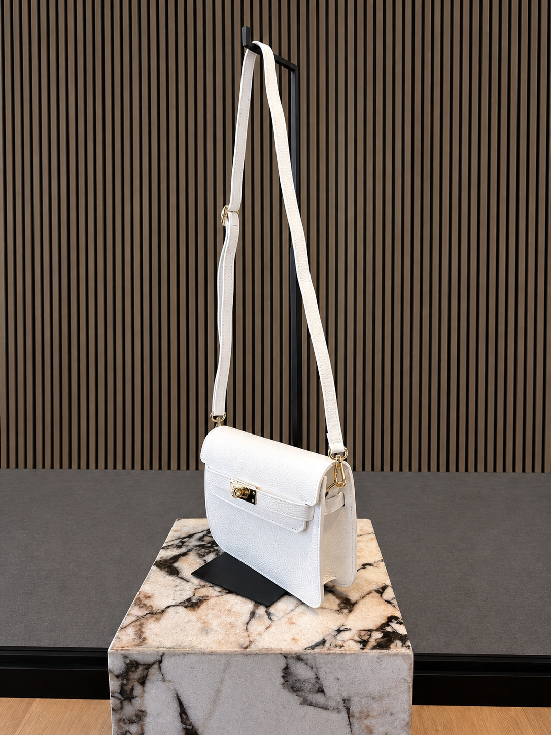 White Leather Crossbody Bag - Elegant Minimal Gold Lock Handbag