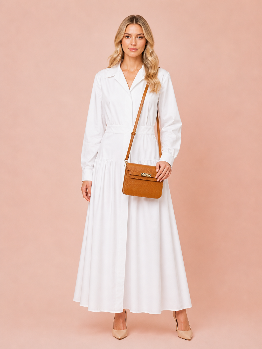 Cognac Leather Crossbody Bag - Elegant Minimal Gold Lock Handbag