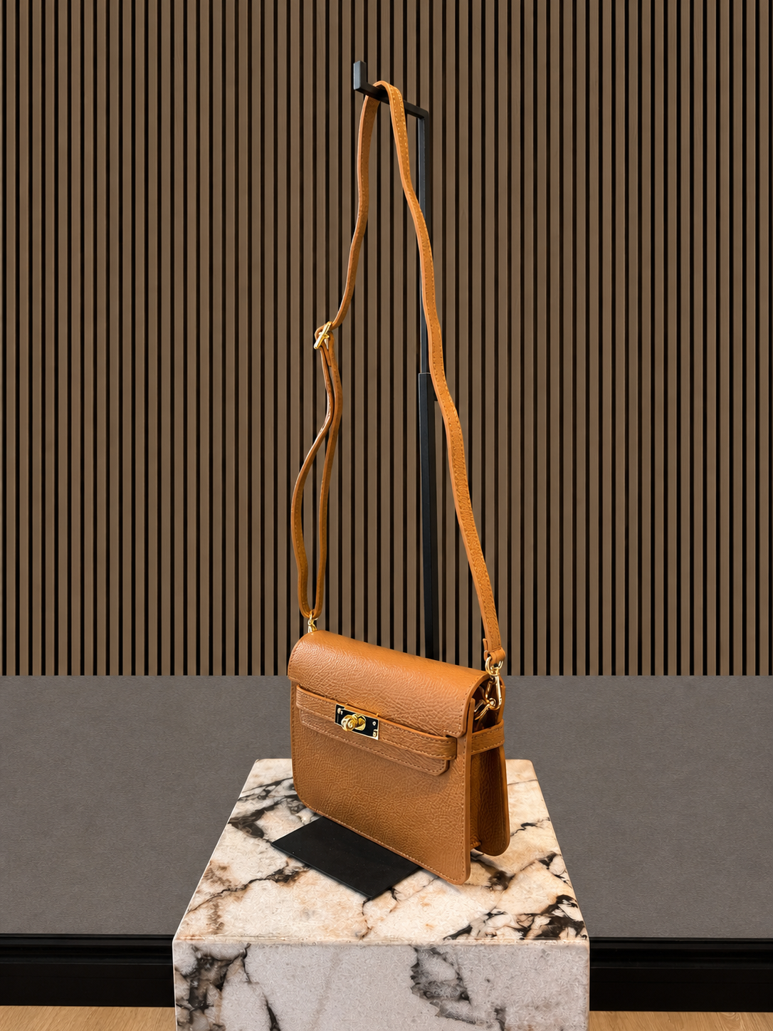 Cognac Leather Crossbody Bag - Elegant Minimal Gold Lock Handbag
