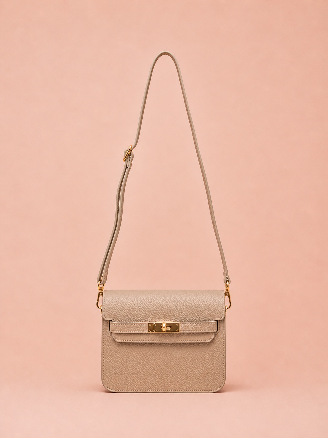 Beige Leather Crossbody Bag - Elegant Minimal Gold Lock Handbag