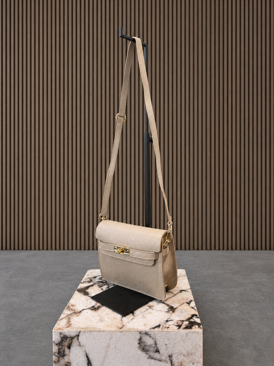 Beige Leather Crossbody Bag - Elegant Minimal Gold Lock Handbag