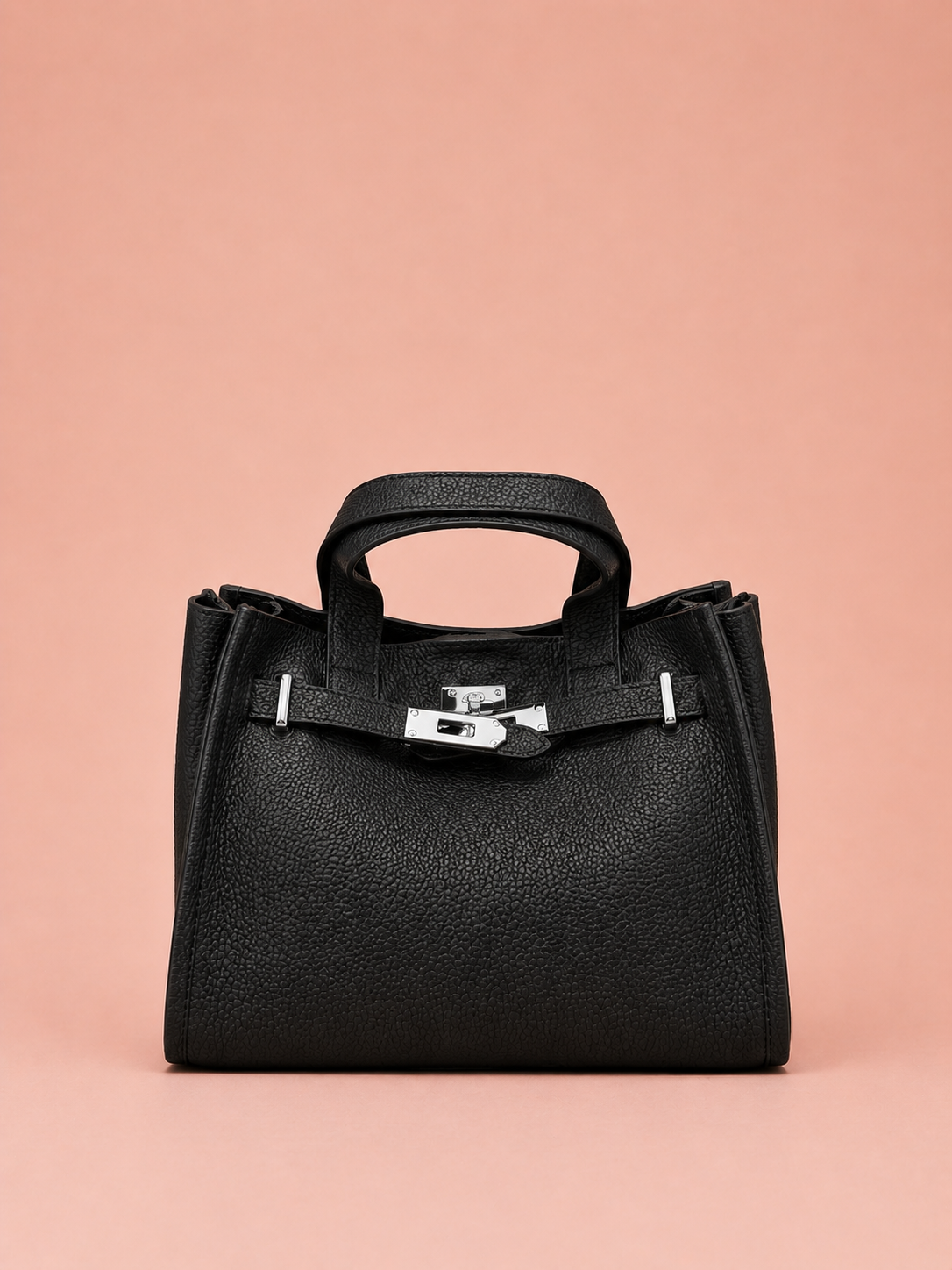 Black Leather Handbag With Silver Hardware