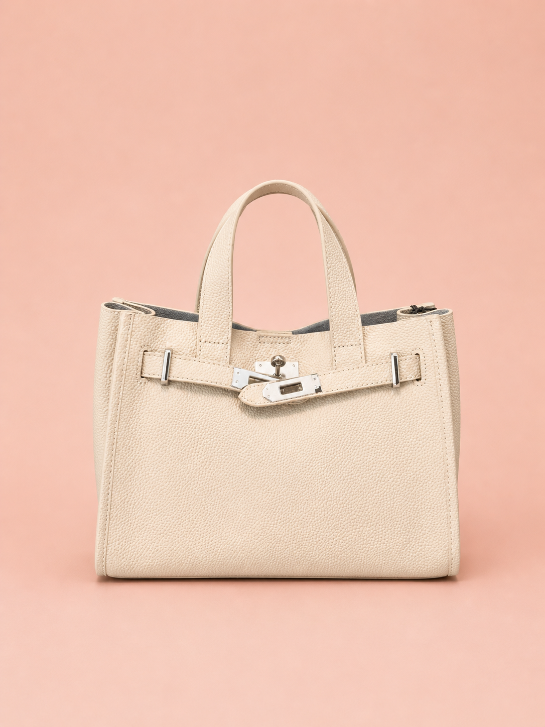 Cream Leather Handbag With Silver Hardware