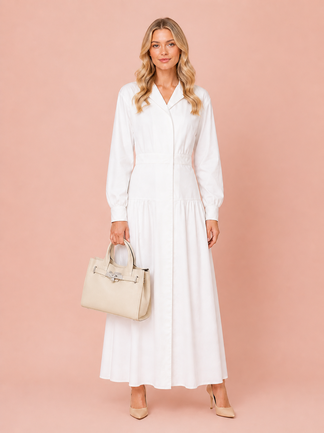 Cream Leather Handbag With Silver Hardware