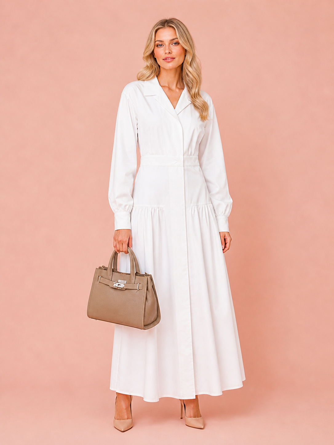 Beige Leather Handbag With Silver Hardware