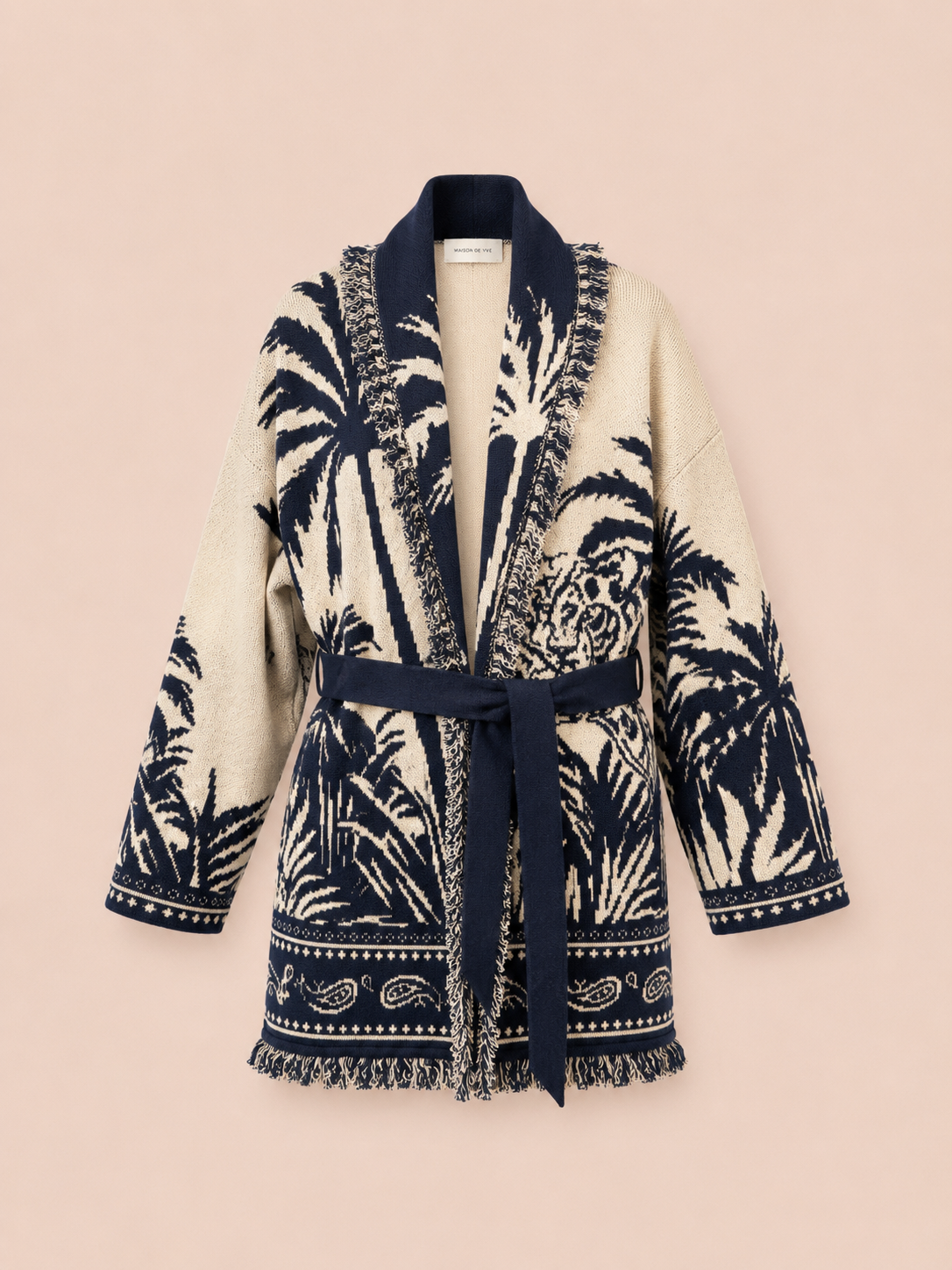 Tropical Tiger Oversized Belted Cardigan - Beige & Navy Knit Jacket