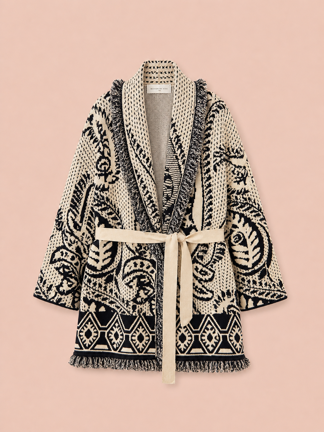 Luna Paisley Knit Oversized Belted Cardigan - Cream & Black Jacket