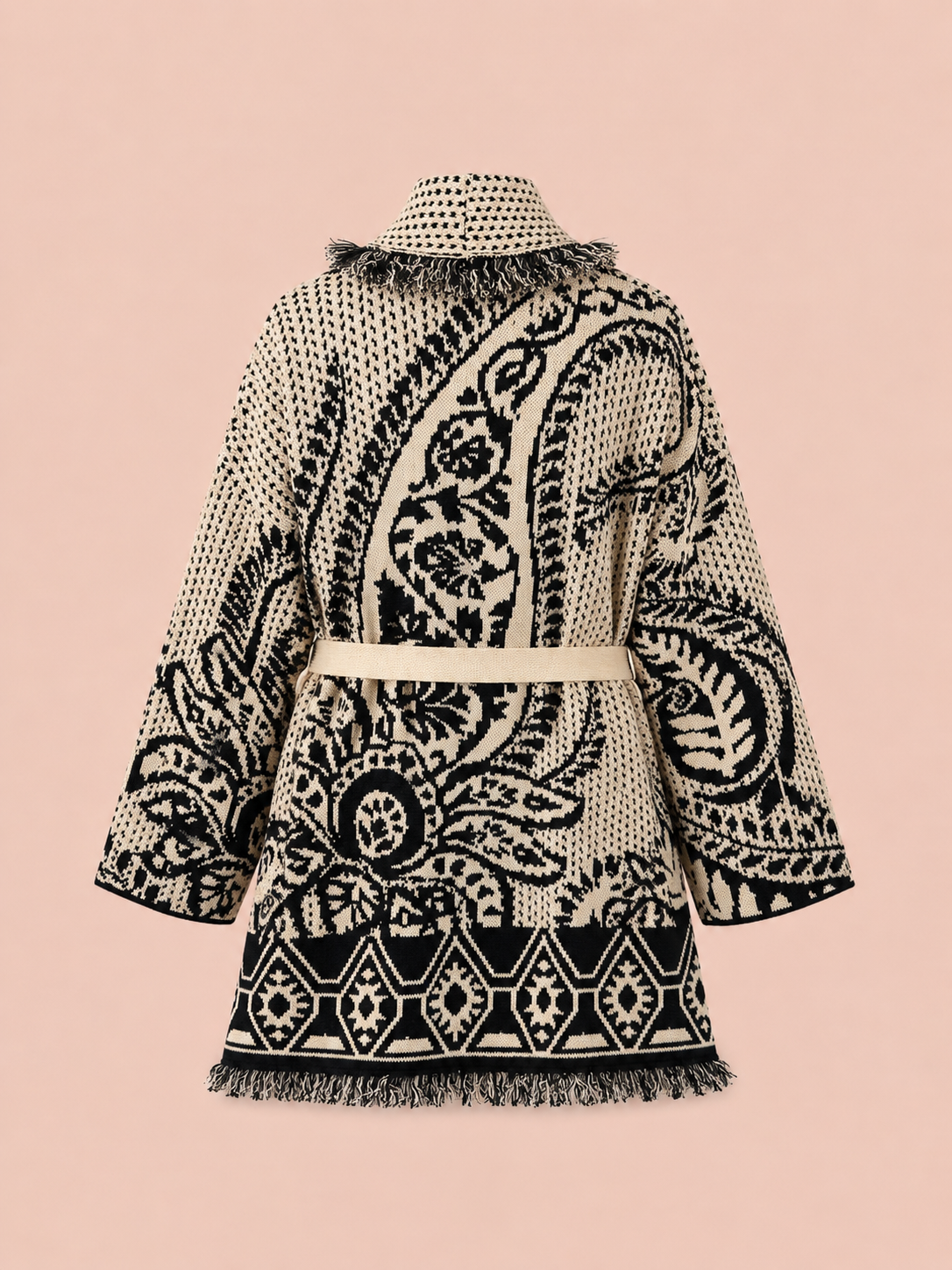 Luna Paisley Knit Oversized Belted Cardigan - Cream & Black Jacket