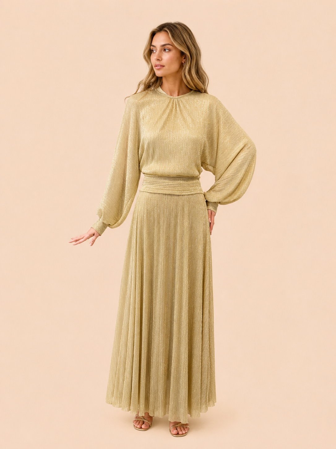 Champagne Shimmer Balloon Sleeve Midi Dress