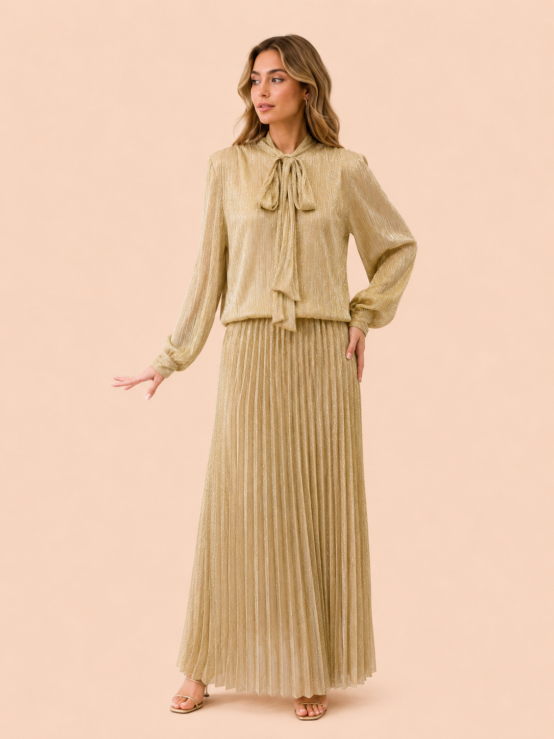 Champagne Shimmer Bow Neck Blouse