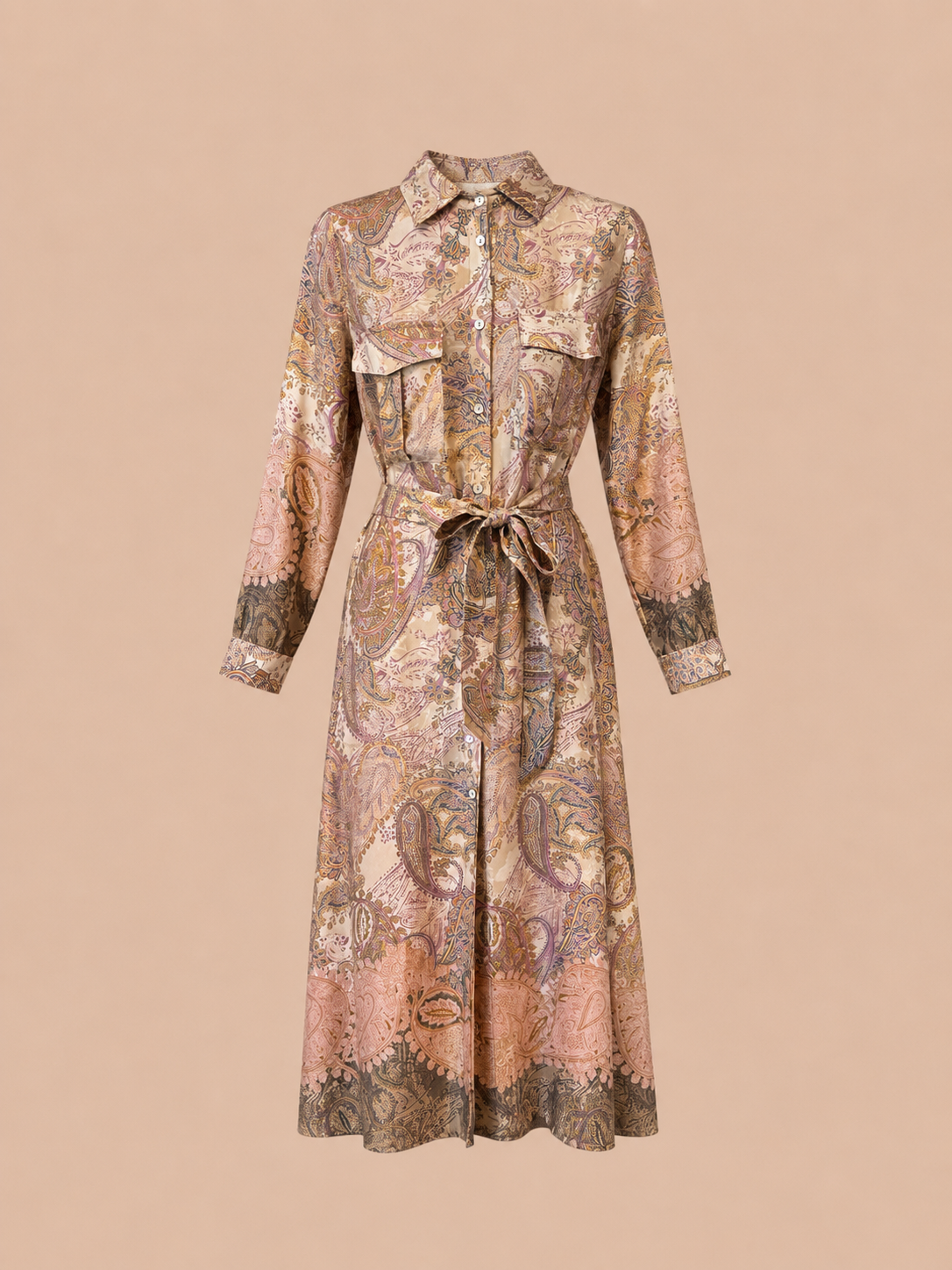 Elegant Paisley Shirt Dress Belted Long Sleeve Midi Dress In Beige Blush