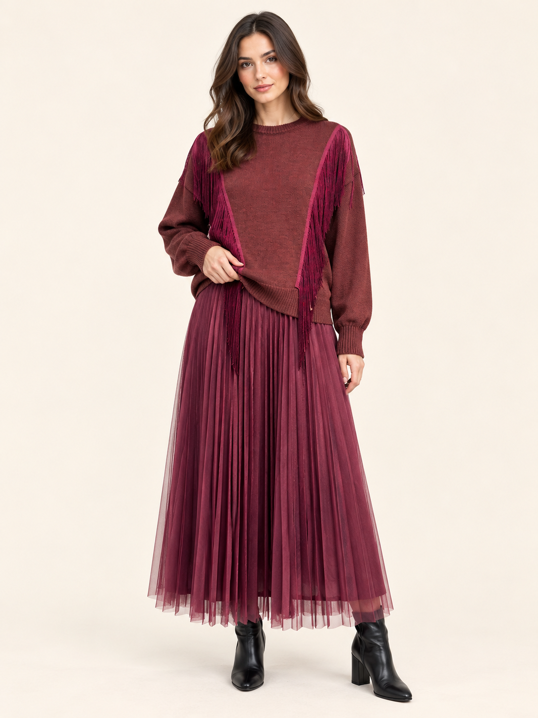 Burgundy Fringe Detail Knit Sweater - Women's Statement Knitwear