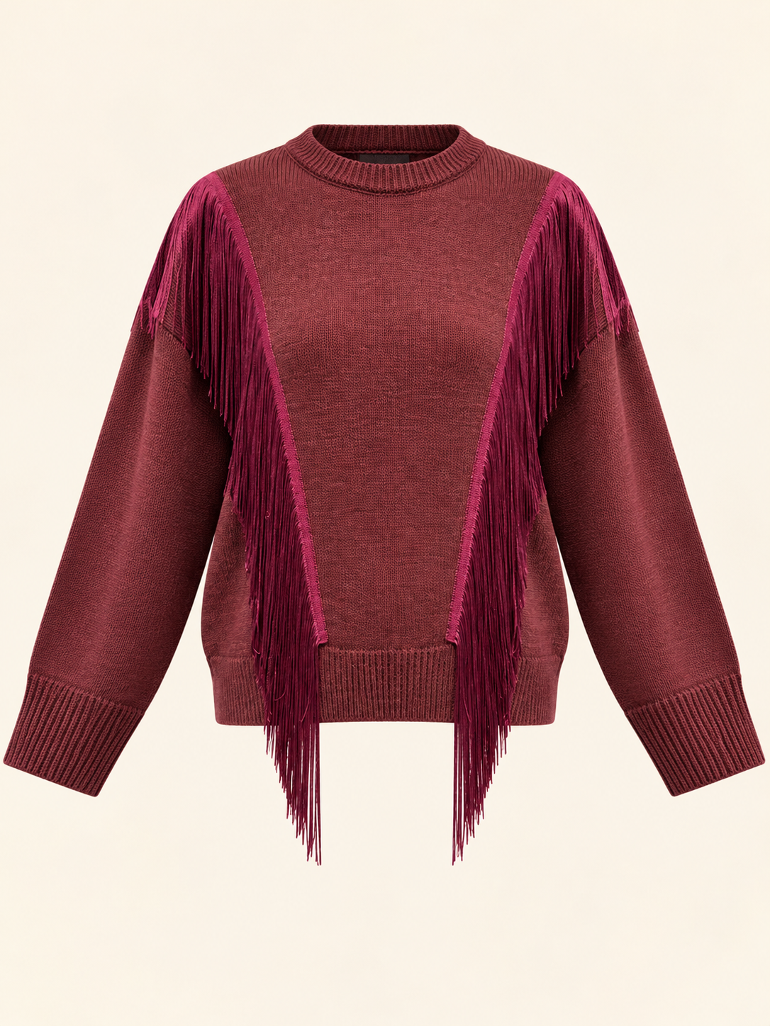 Burgundy Fringe Detail Knit Sweater - Women's Statement Knitwear