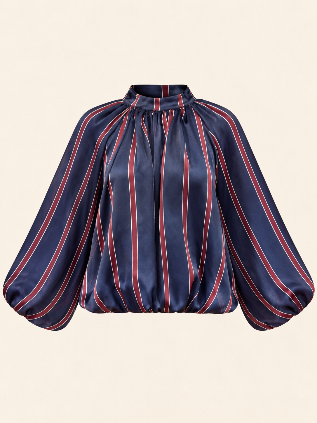 Relaxed Fit Navy Blue Striped Blouse With Balloon Sleeves