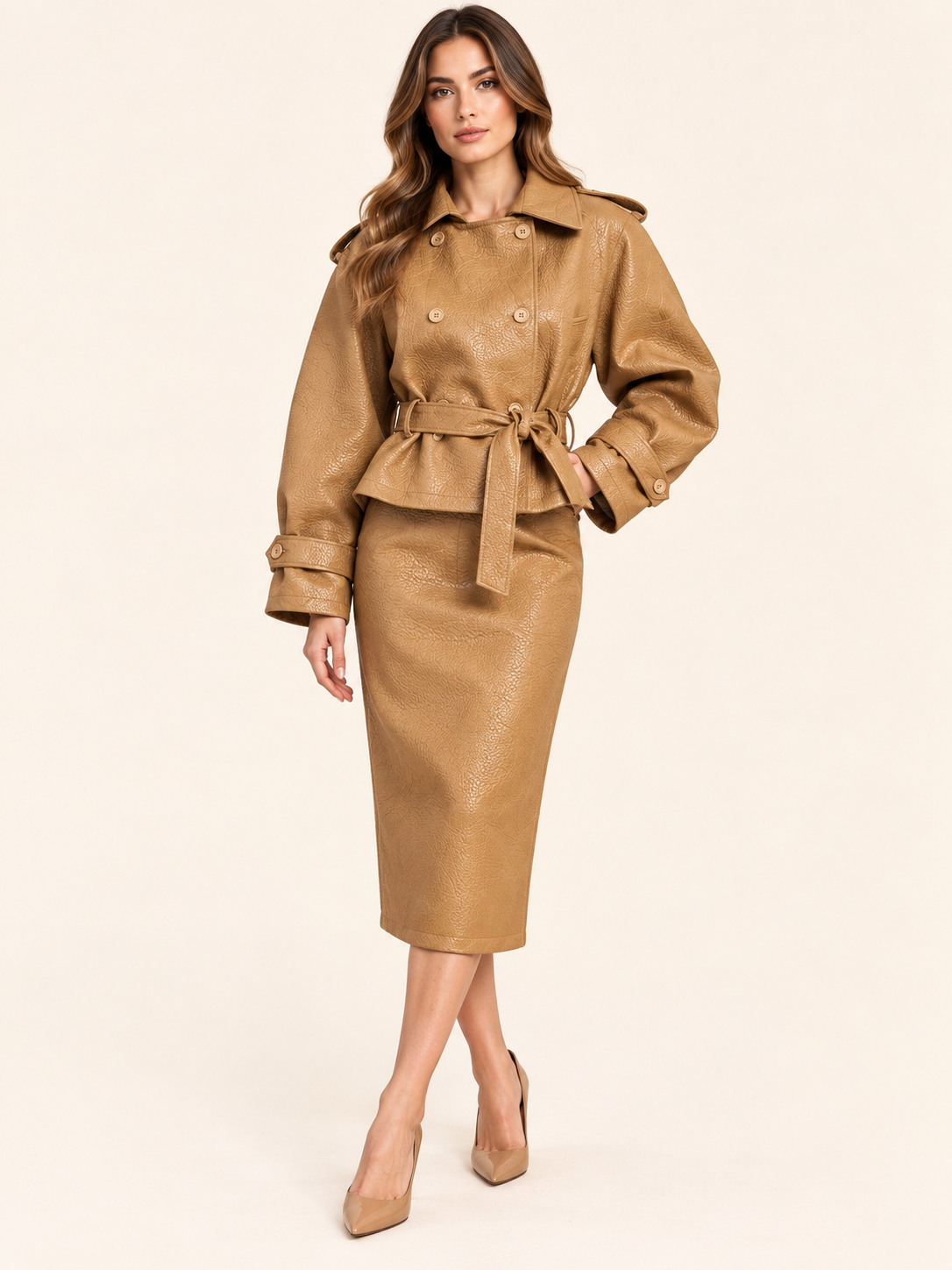 Camel Textured Faux Leather Pencil Midi Skirt