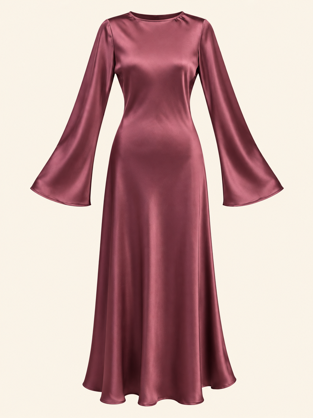 Burgundy Satin Look Maxi Dress With Bell Sleeves