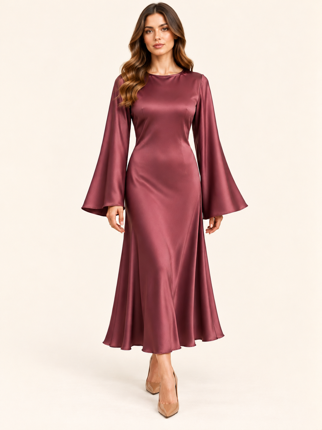 Burgundy Satin Look Maxi Dress With Bell Sleeves
