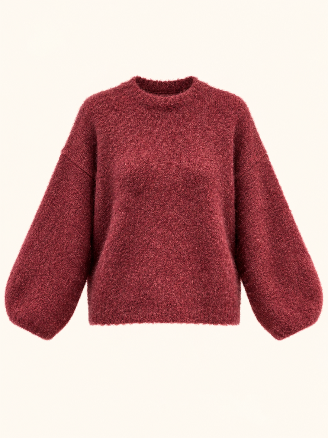 Oversized Burgundy Fluffy Knit Sweater With Balloon Sleeves