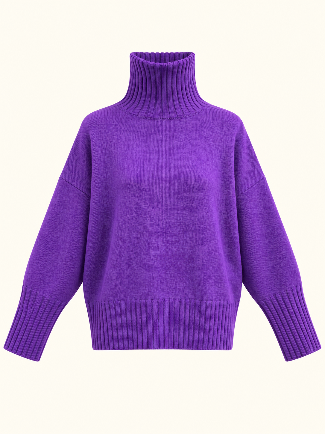 Purple Oversized Turtleneck Knit Sweater With Ribbed Cuffs