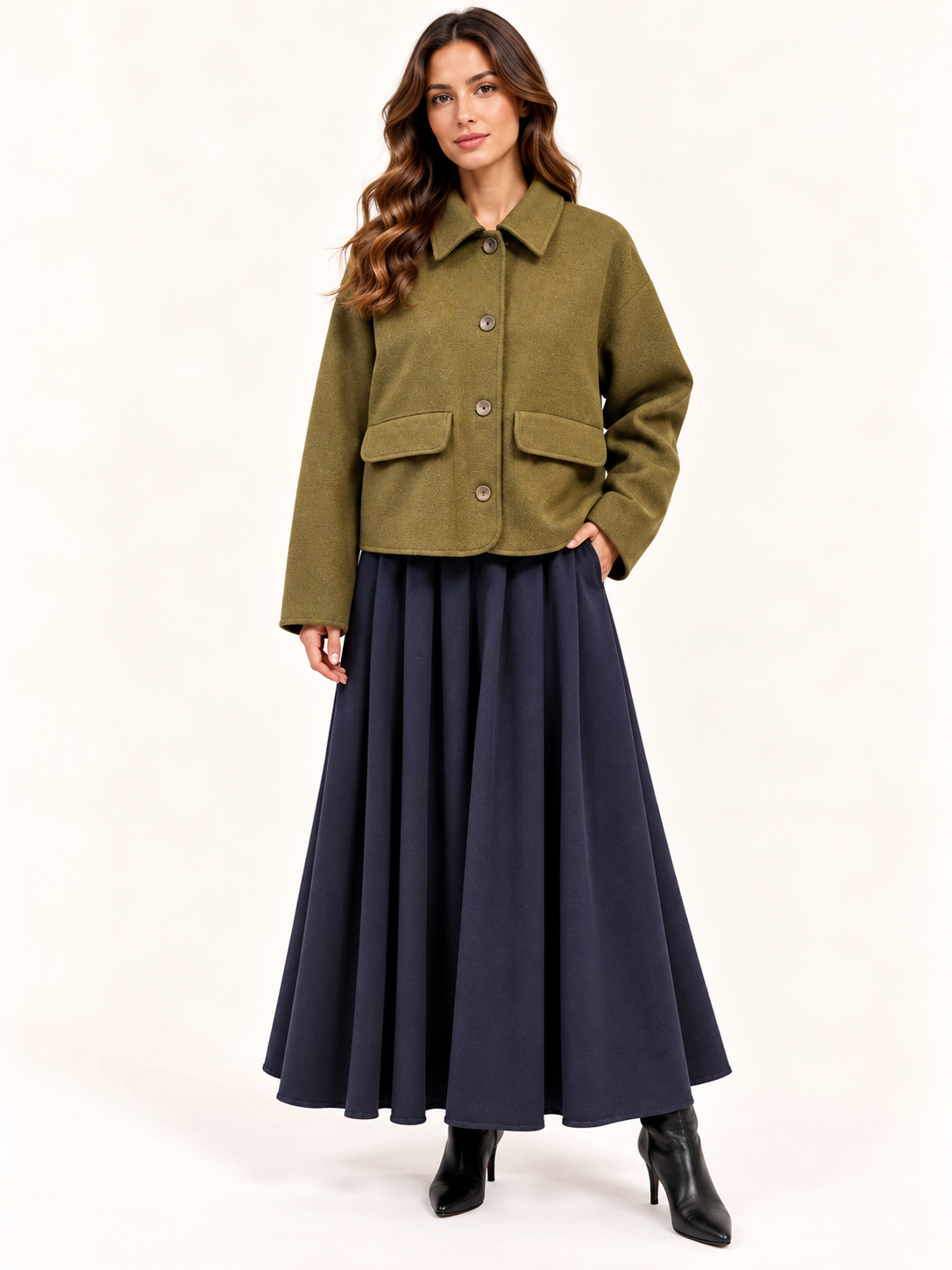 Women's Relaxed Fit Olive Green Cropped Jacket With Button Front & Flap Pockets