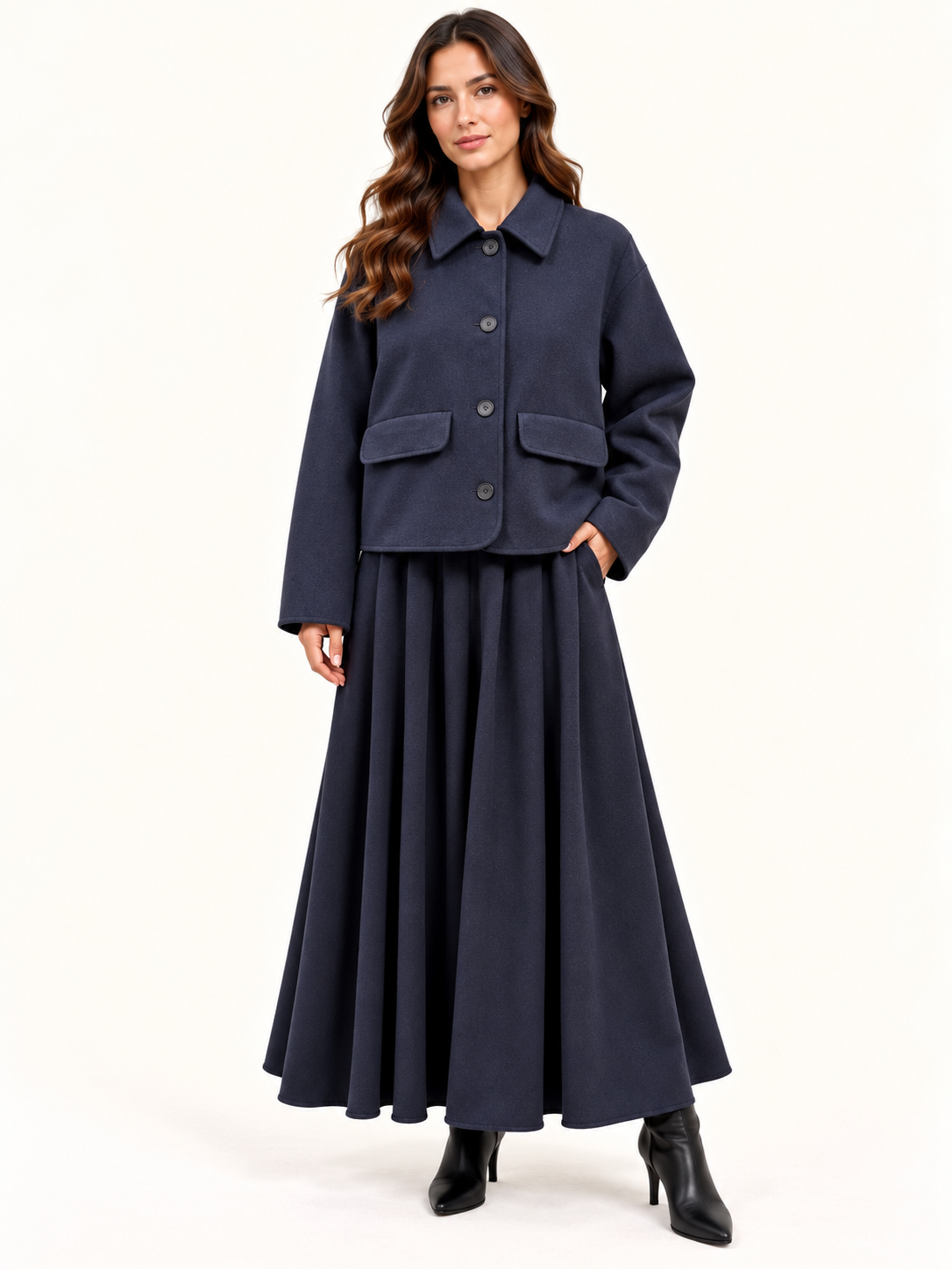 Women's Relaxed Fit Navy Cropped Jacket With Button Front & Flap Pockets