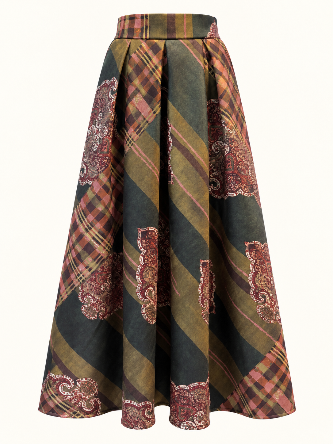 Women's High-Waisted Pleated Maxi Skirt- Paisley & Check Print